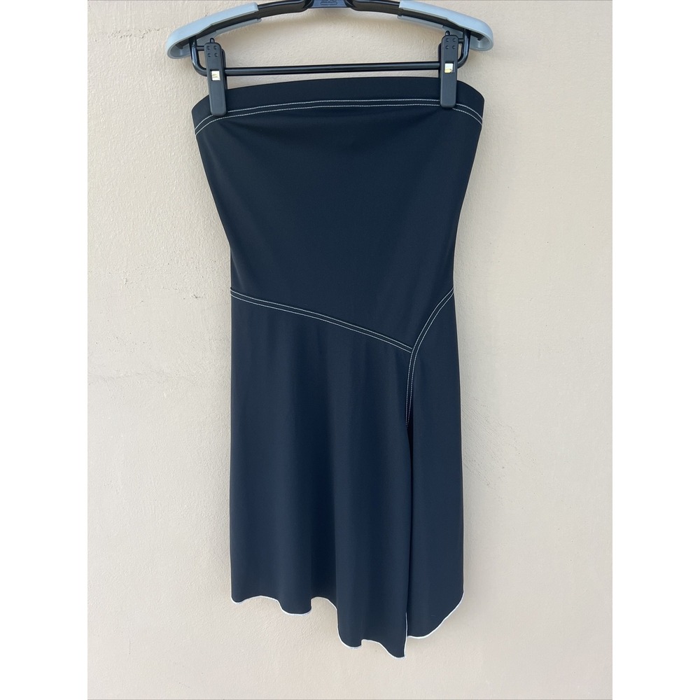 Black Strapless Asymmetrical Mini Dress White Contrast Stitch Handkerchief Hem